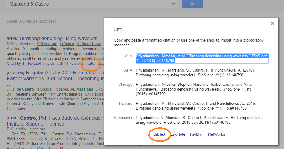The 'Cite' dialog box in Google Scholar.