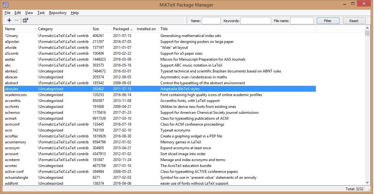 The MiKTEX Package Manager dialog box.