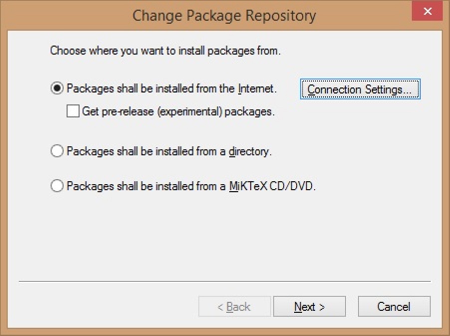 The MiKTEX Change Package Repository dialog box.
