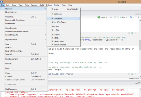 Opening a new rmarkdown file within RStudio.